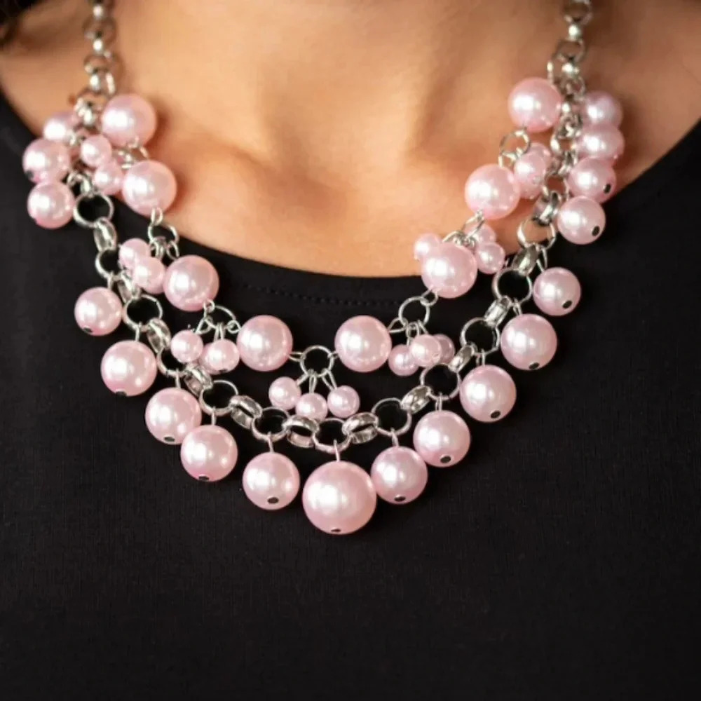New Silver Pink Pearl Necklace